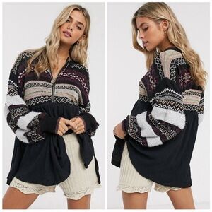 Free People cozy cottage embroidered sweater balloon sleeve 1/4 zip small NWT